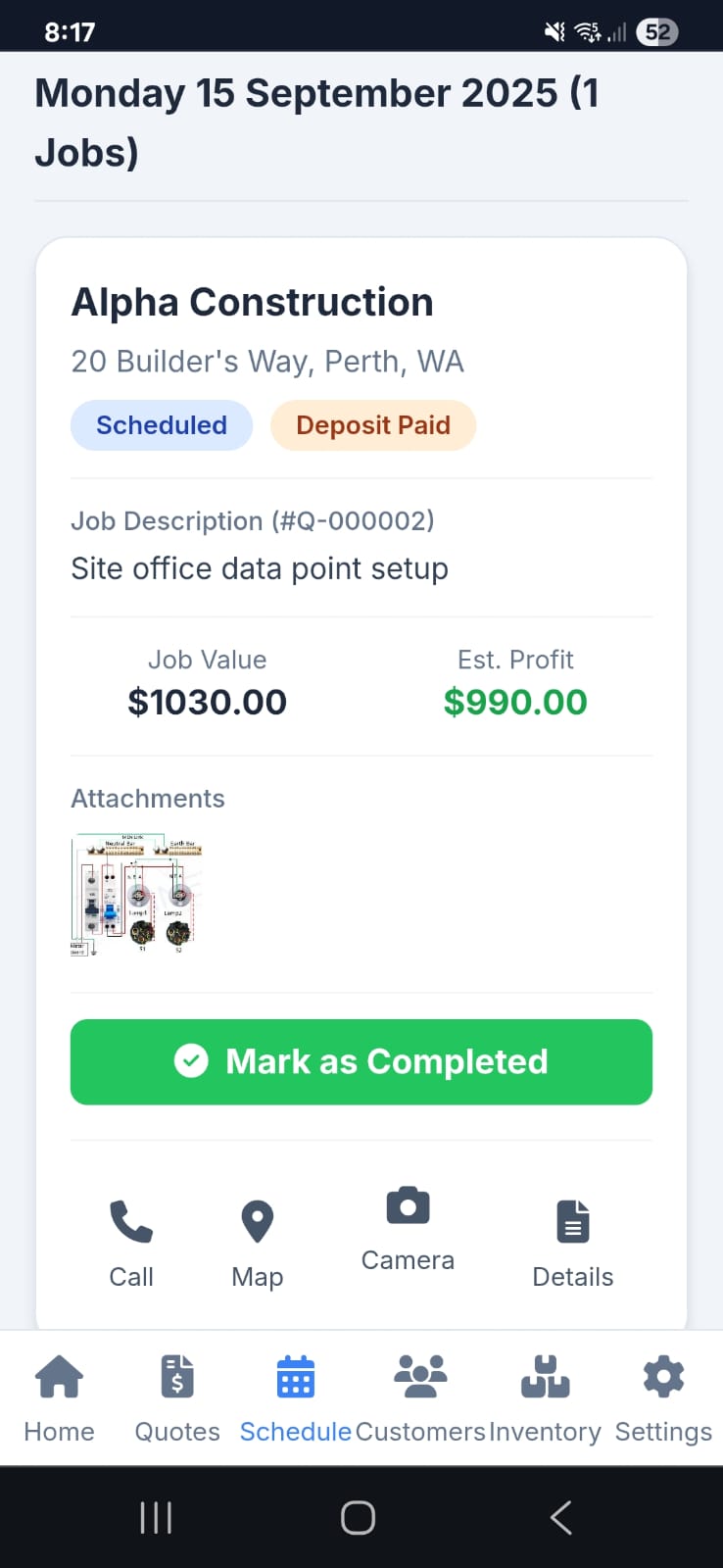 TradieQuote Quotes on a mobile phone