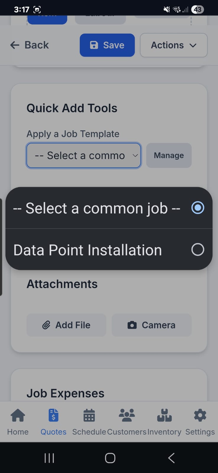 Job templates for fast quoting